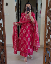 Cotton Print Handwork Anarkali Kurti Pant with Malmal Dupatta KF