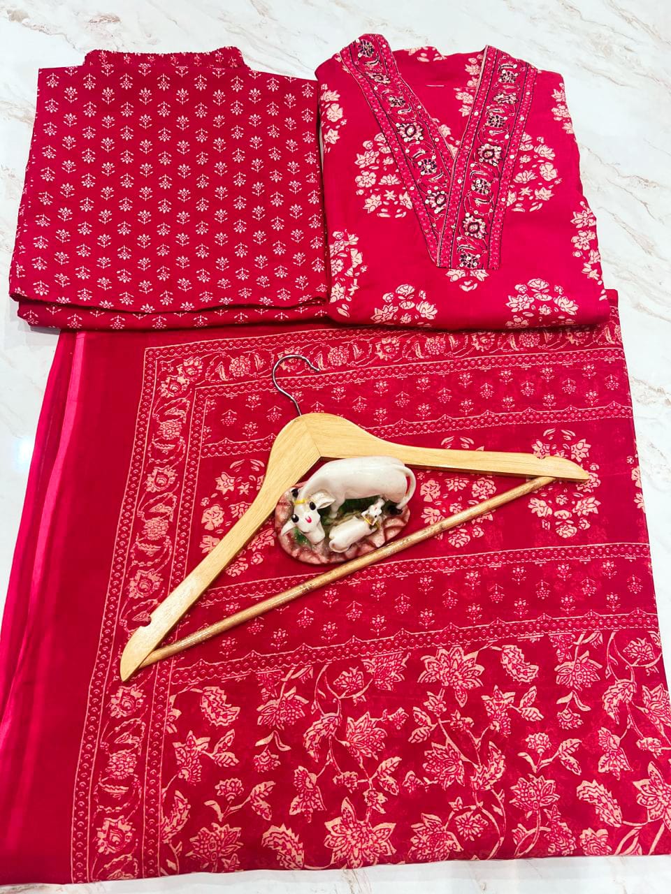 Cotton Print Handwork Anarkali Kurti Pant with Malmal Dupatta KF