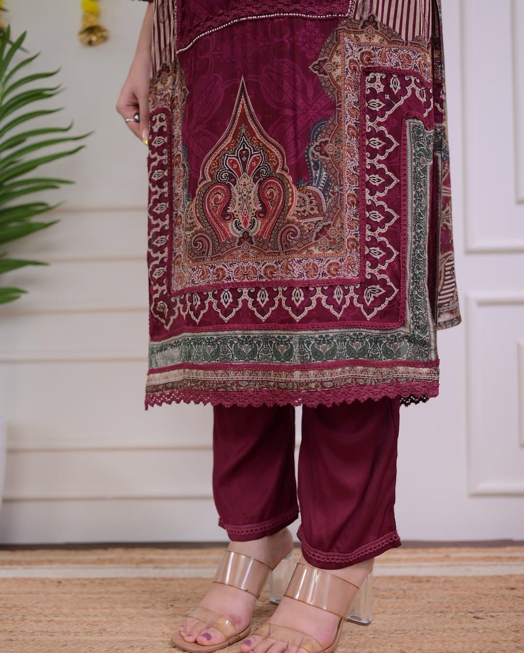 Pakistani Maroon Muslin Suit Set with Hand Embroidery|KF