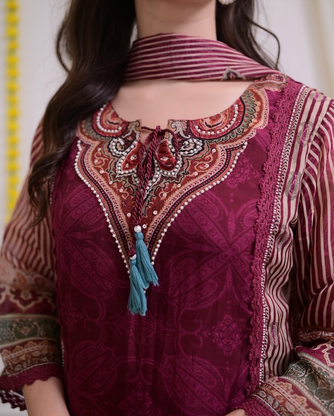 Pakistani Maroon Muslin Suit Set with Hand Embroidery|KF