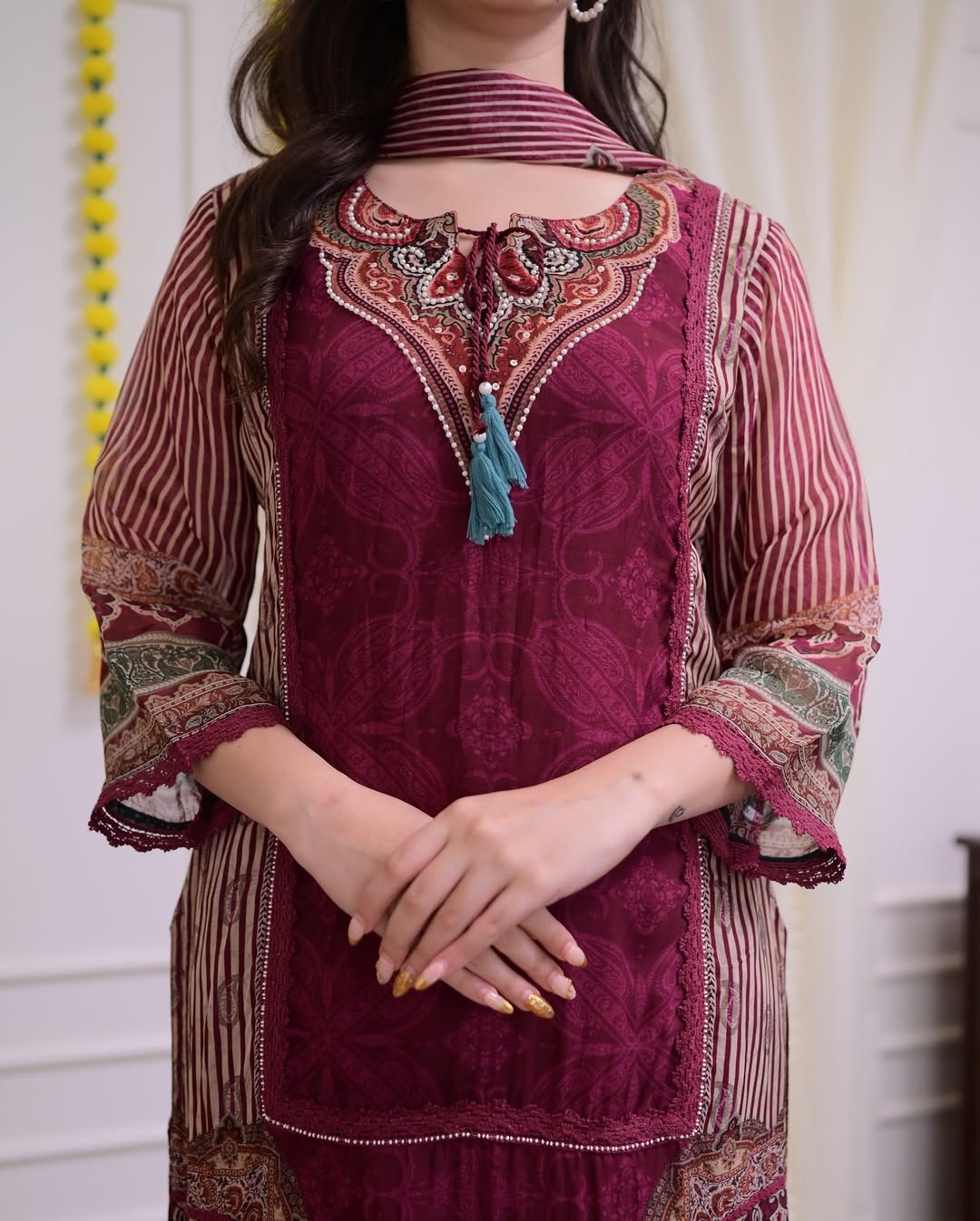 Pakistani Maroon Muslin Suit Set with Hand Embroidery|KF