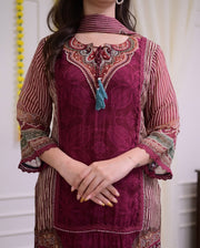 Pakistani Maroon Muslin Suit Set with Hand Embroidery|KF