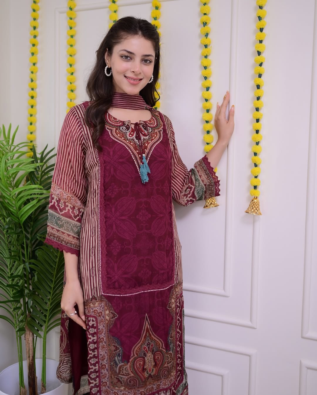 Pakistani Maroon Muslin Suit Set with Hand Embroidery|KF