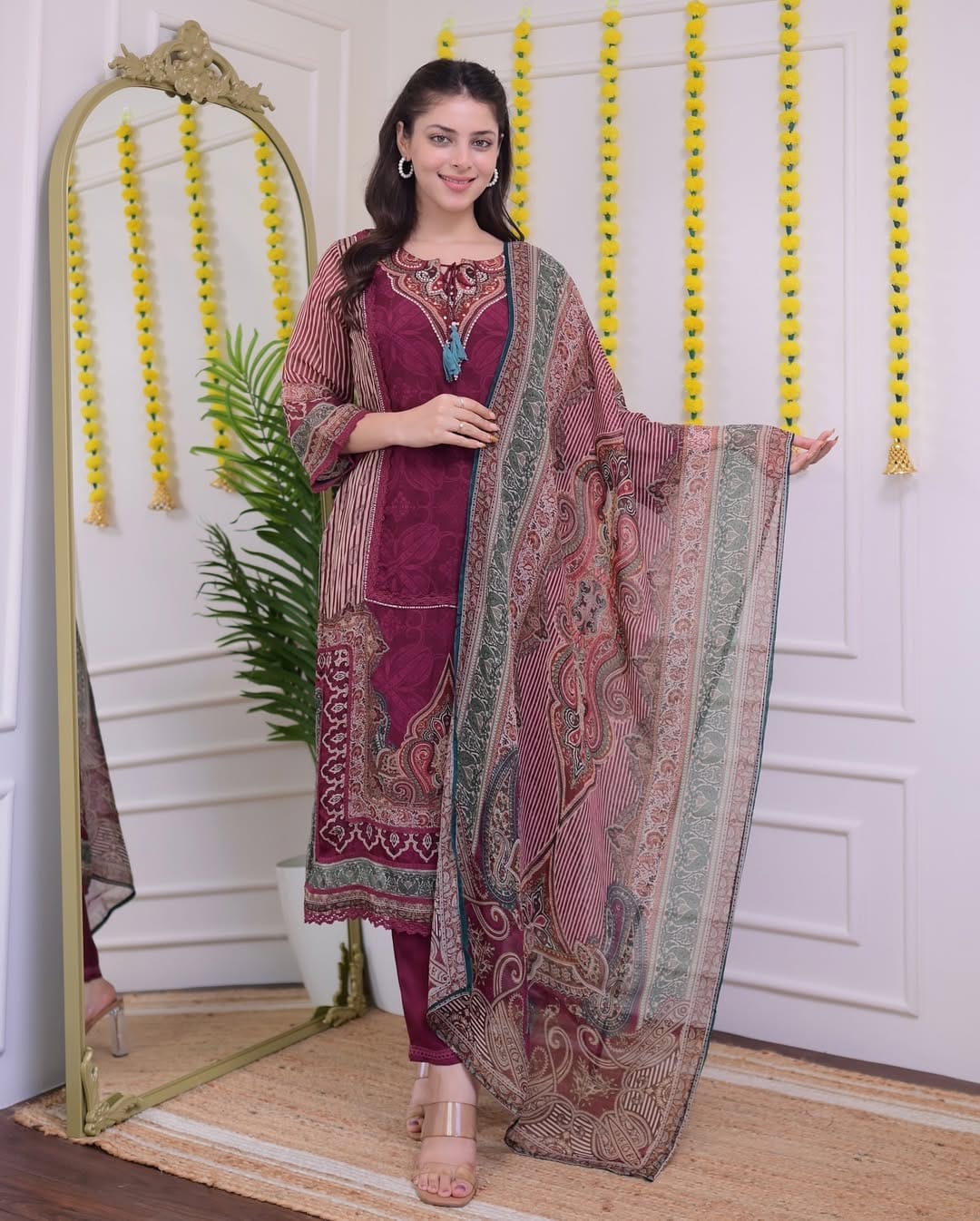 Pakistani Maroon Muslin Suit Set with Hand Embroidery|KF