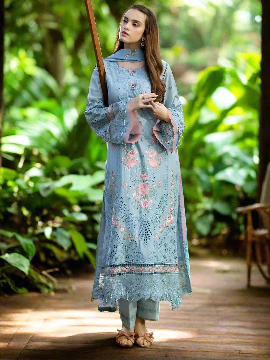 Cotton Chikankari Lawn Set – Semi-Stitched | Elegant Pearl & Print Detailing  ( Semi stitched )