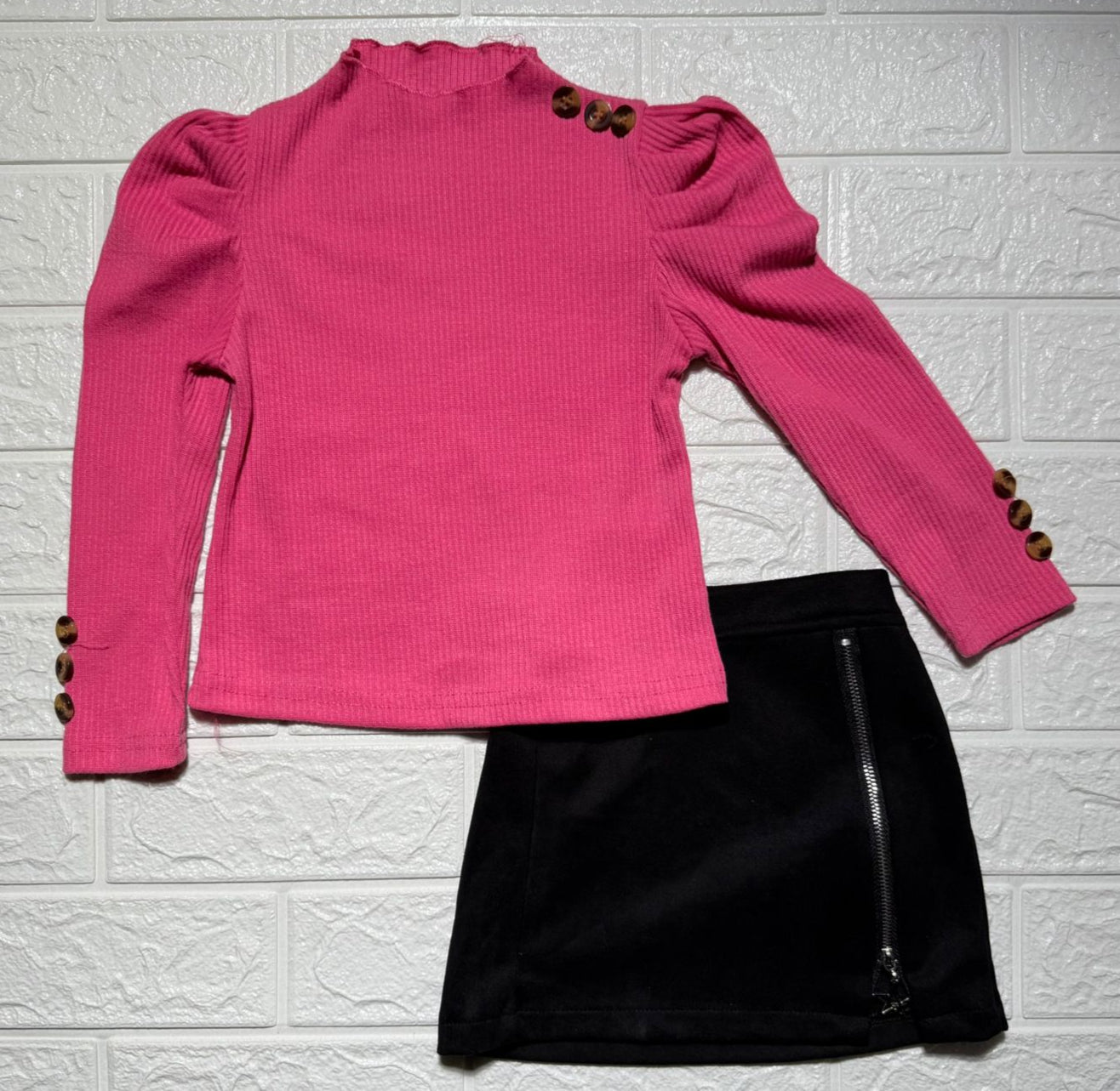 🌸 Stylish Pink Puff-Sleeve Top &amp; Black Skirt Set 🌸