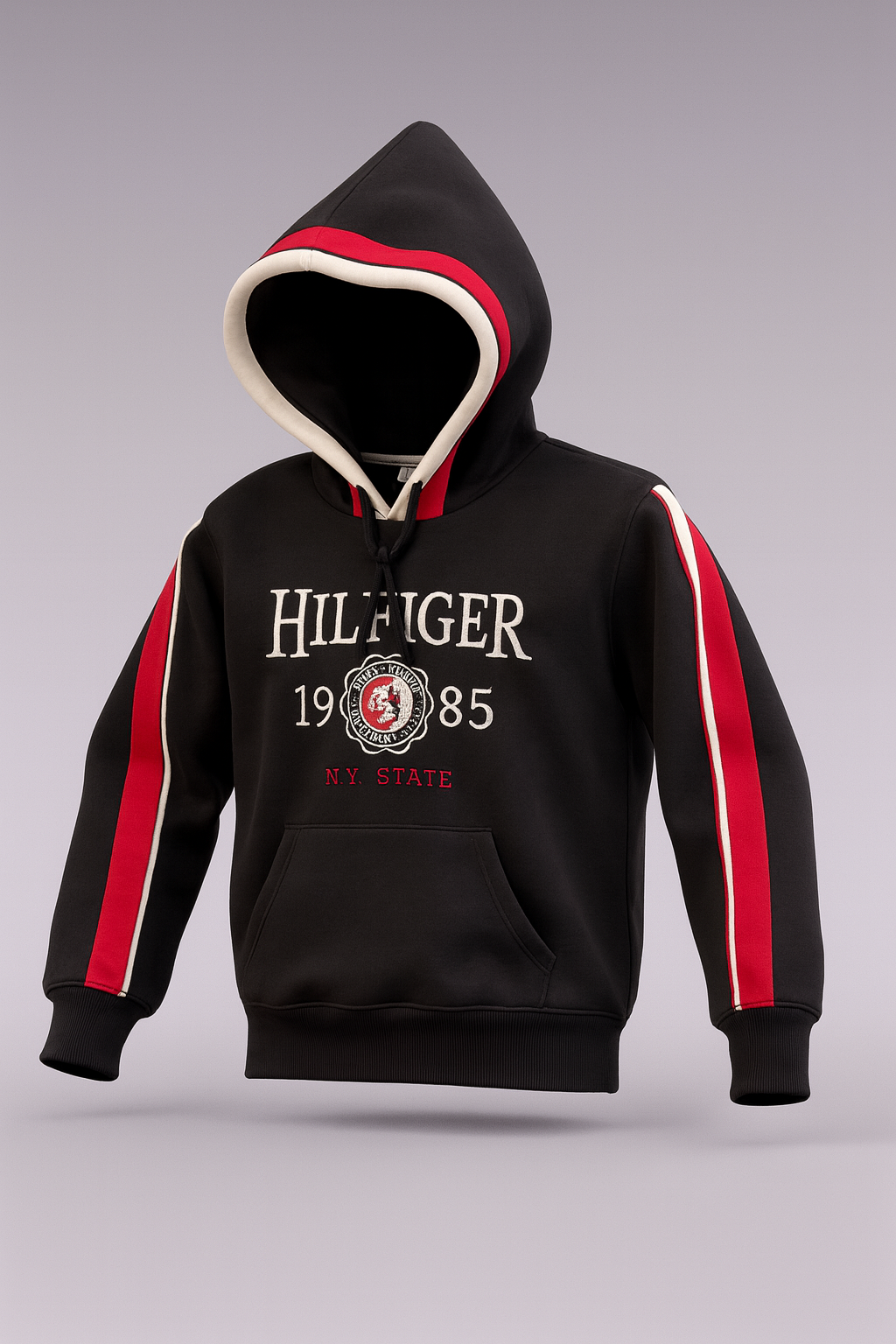 Vibrant Hilfiger 1985 hoodie with bold red and black stripe detailing for a sporty, stylish look.