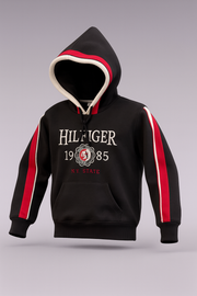 Vibrant Hilfiger 1985 hoodie with bold red and black stripe detailing for a sporty, stylish look.