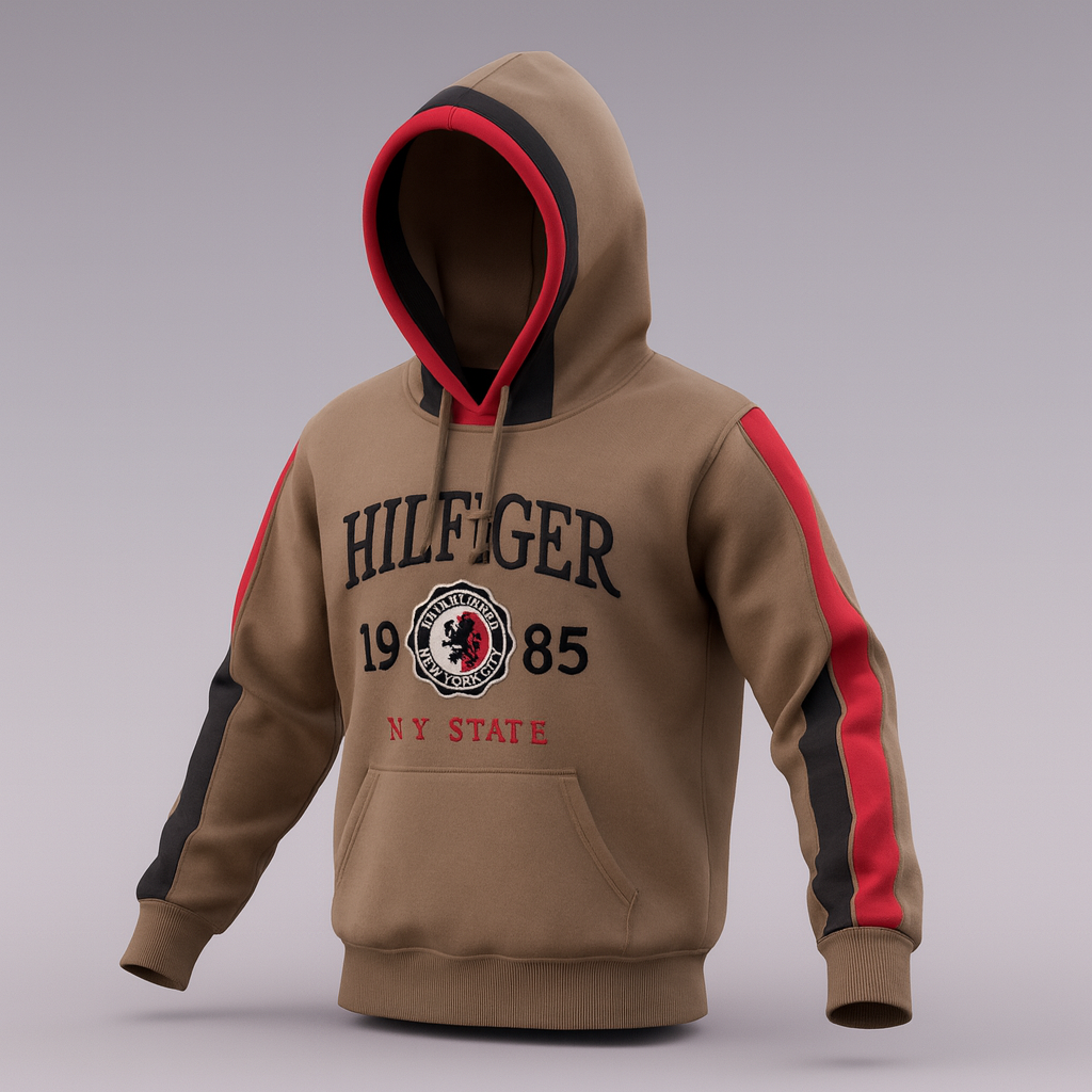 Vibrant Hilfiger 1985 hoodie with bold red and black stripe detailing for a sporty, stylish look.