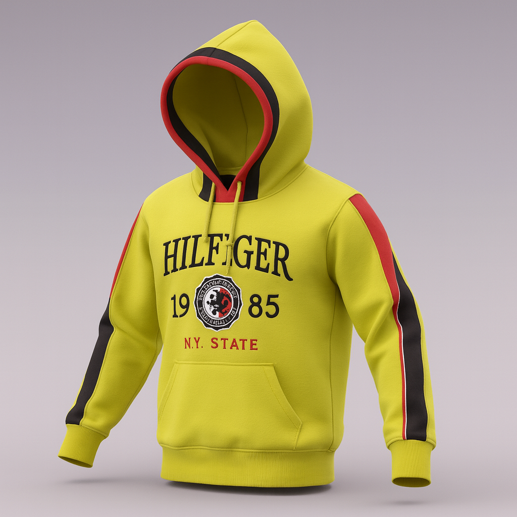 Vibrant Hilfiger 1985 hoodie with bold red and black stripe detailing for a sporty, stylish look.