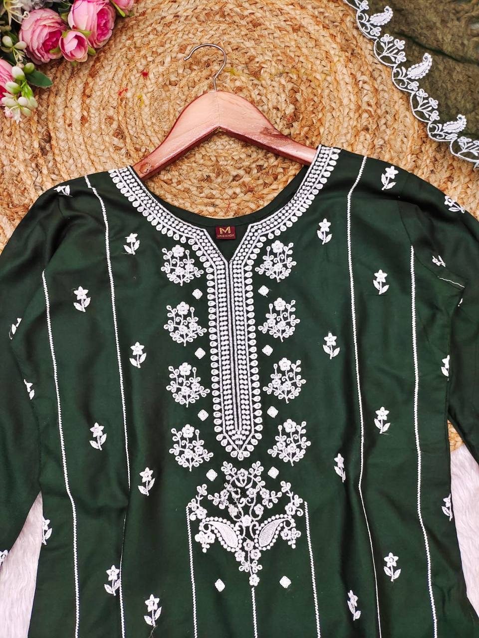 Green Cotton Kurta with White Embroidery – AL