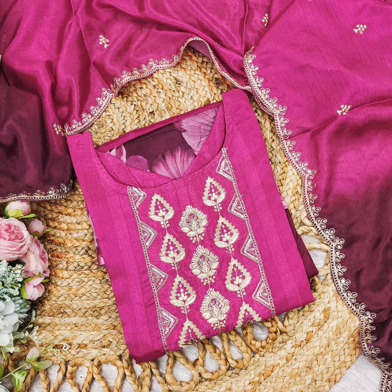 Embroidered Salwar Suit with Ombre Dupatta – AL