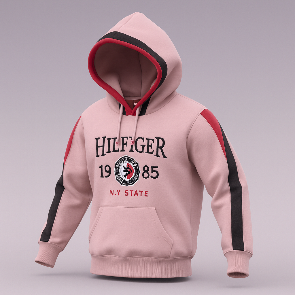 Vibrant Hilfiger 1985 hoodie with bold red and black stripe detailing for a sporty, stylish look.