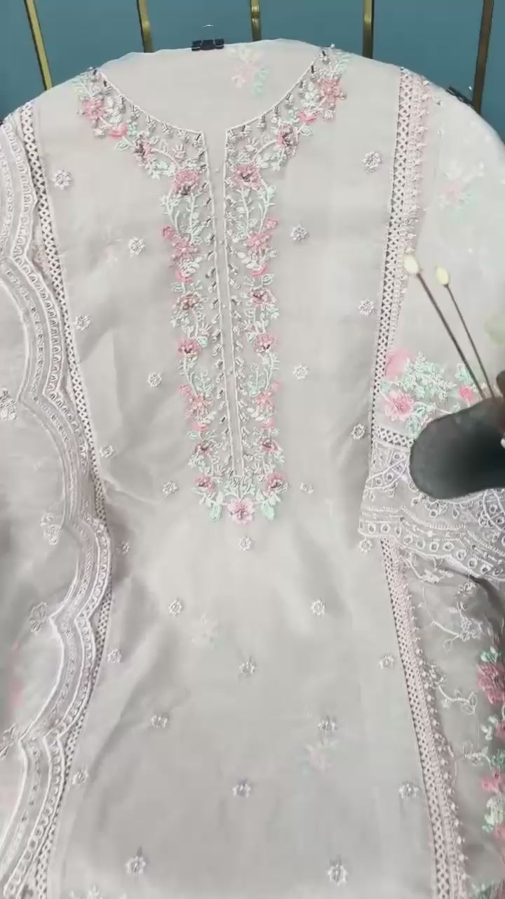 Load video: Premium Semi-Stitched Organza Suit with Hand Khatli Work - Semi Stitched