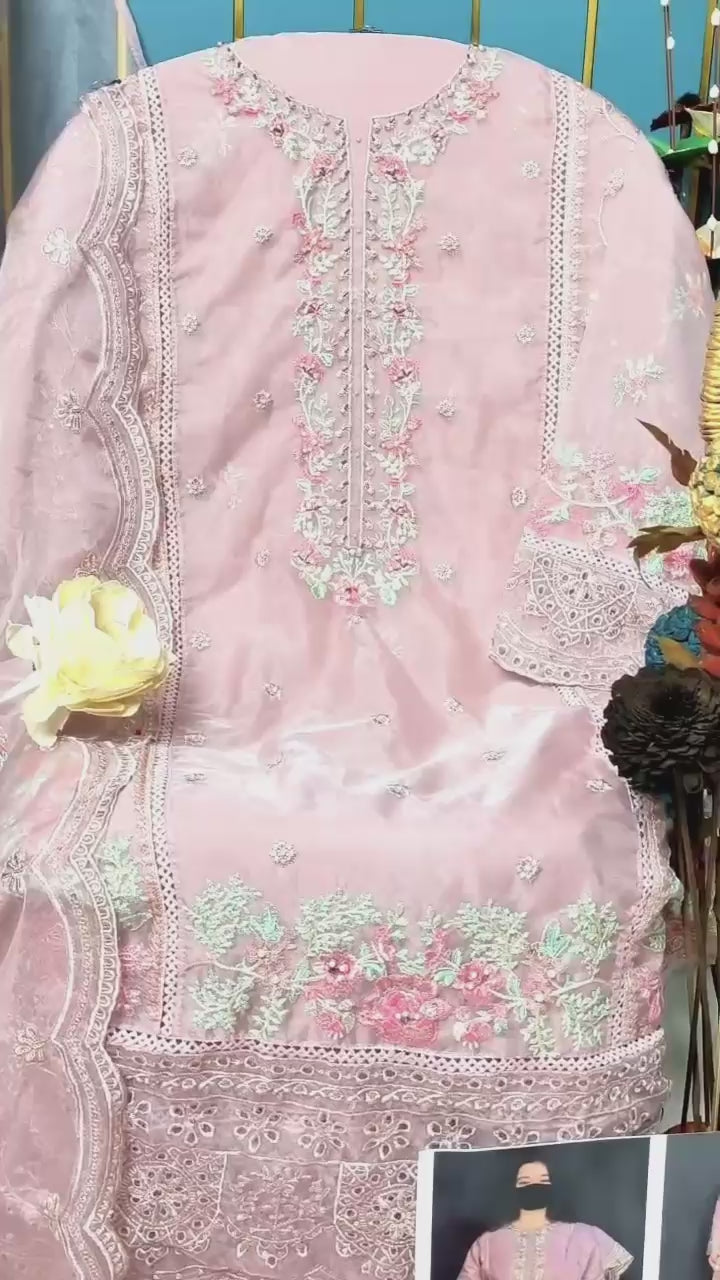 Premium Semi-Stitched Organza Suit with Hand Khatli Work - Semi Stitched