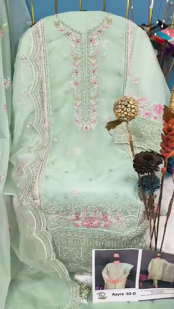 Load video: Premium Semi-Stitched Organza Suit with Hand Khatli Work - Semi Stitched