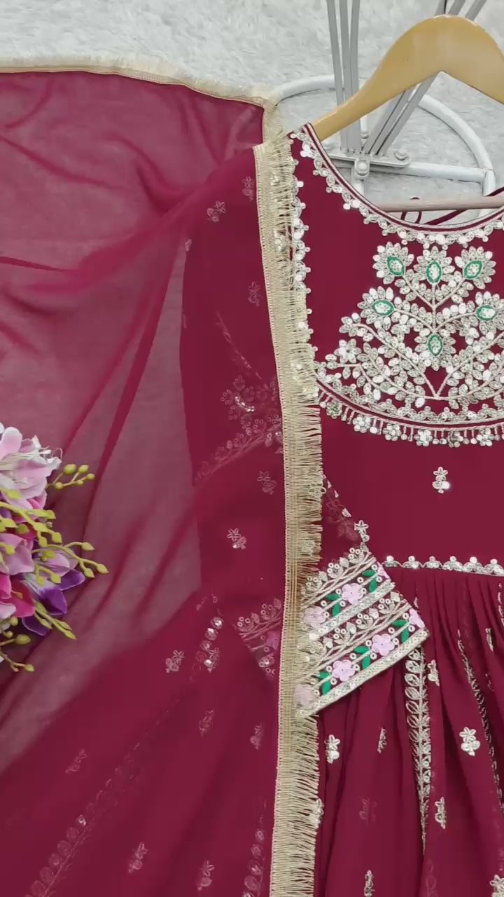 Load video: Pure Blooming Georgette Gown Set with Pant &amp; Dupatta – Fully Stitched &amp; Ready to Wear