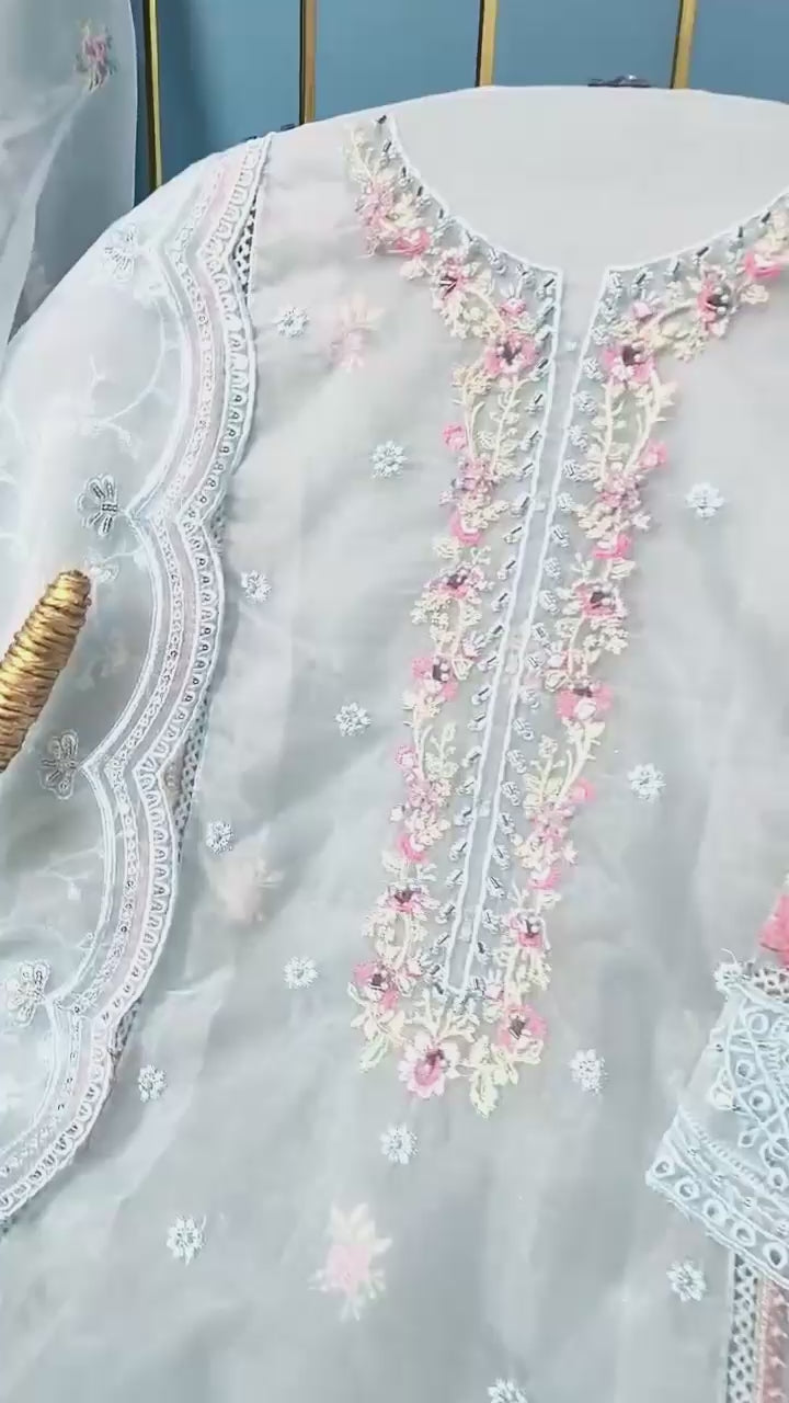 Load video: Premium Semi-Stitched Organza Suit with Hand Khatli Work - Semi Stitched