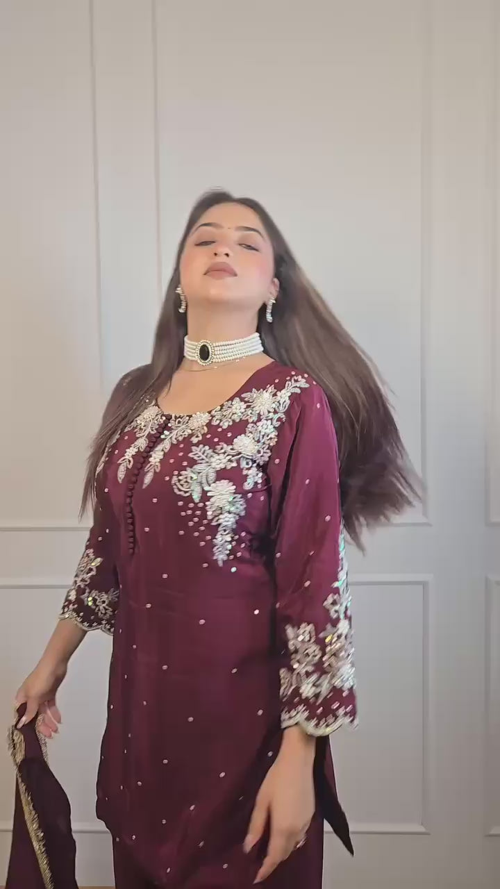 Load video: 👑 Designer Farsi Salwar Suit – 3-Piece Set with Elegant Sequin Embroidery | Trending Ethnic Wear 👑