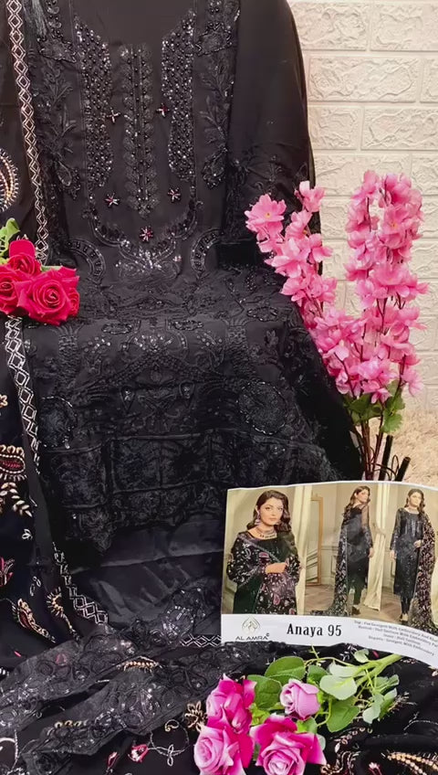 Load video: Black Embroidered Semi-Stitched Suit