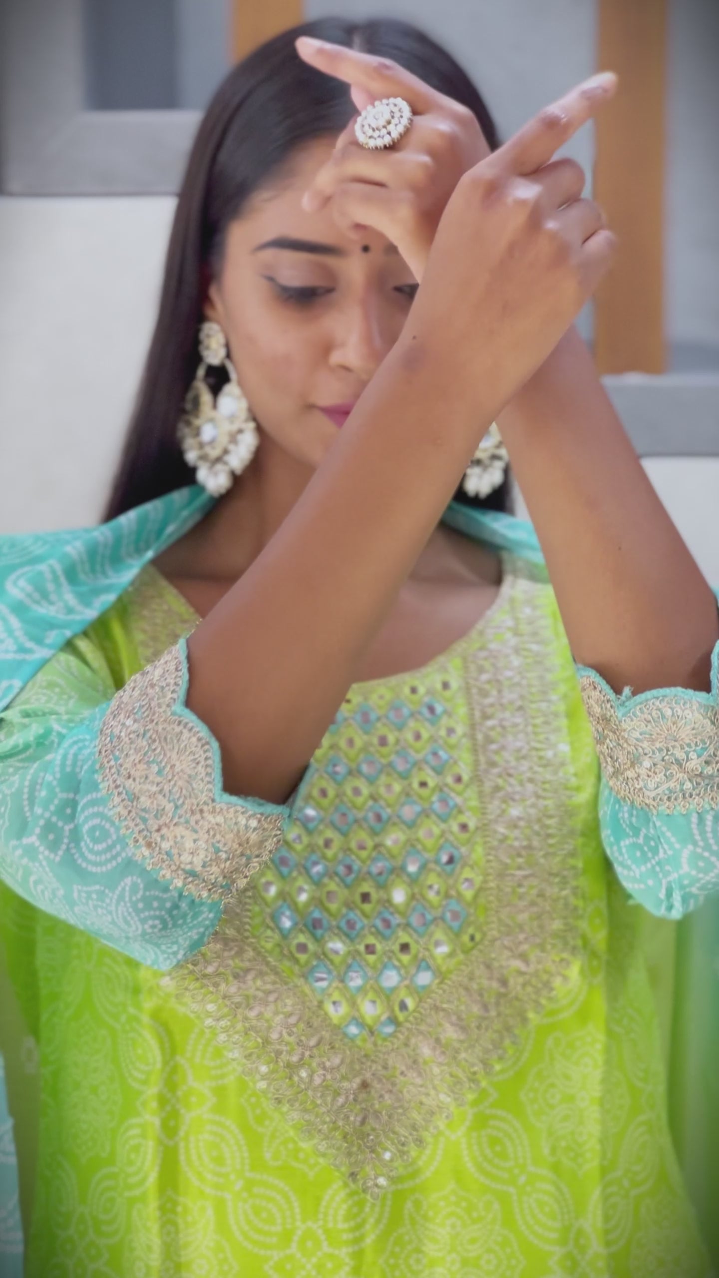 Load video: Exclusive Green &amp; Blue Chinon 3-Piece Set | Traditional Elegance with Dupatta | AL
