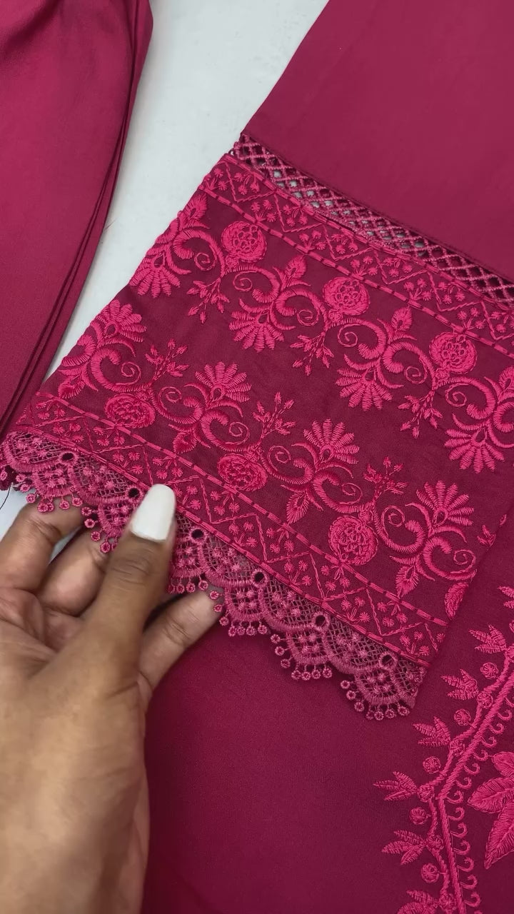 Load video: 👑 Designer Roman Silk Suit Set with Embroidery &amp; GPO Lace Dupatta – Ready to Wear 👑