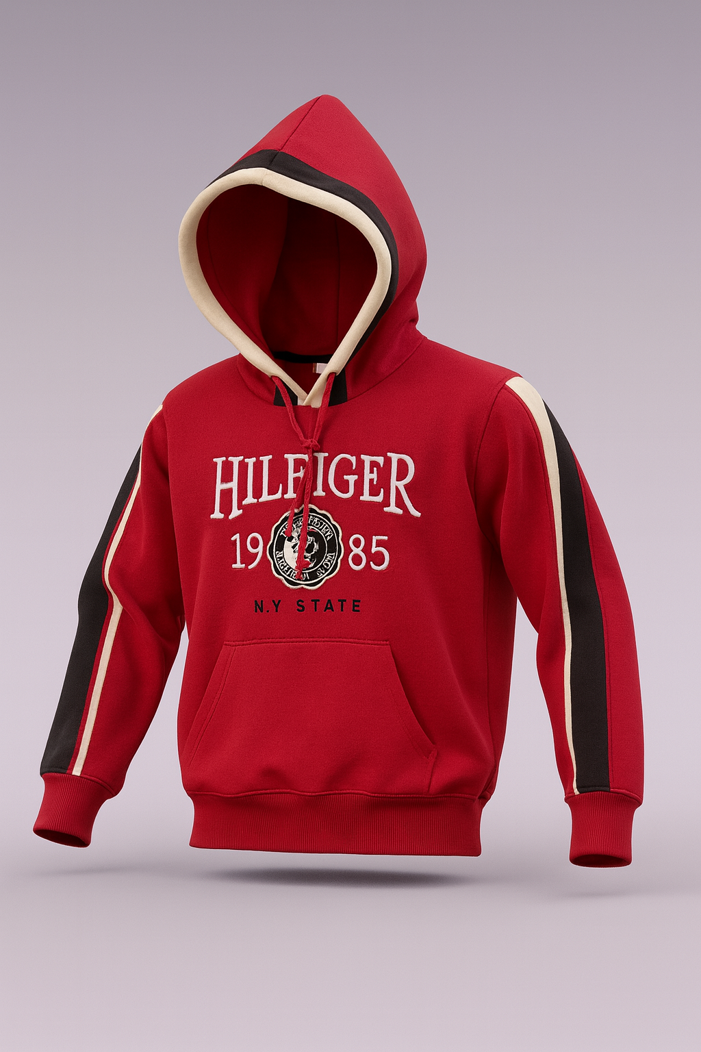 Vibrant Hilfiger 1985 hoodie with bold red and black stripe detailing for a sporty, stylish look.