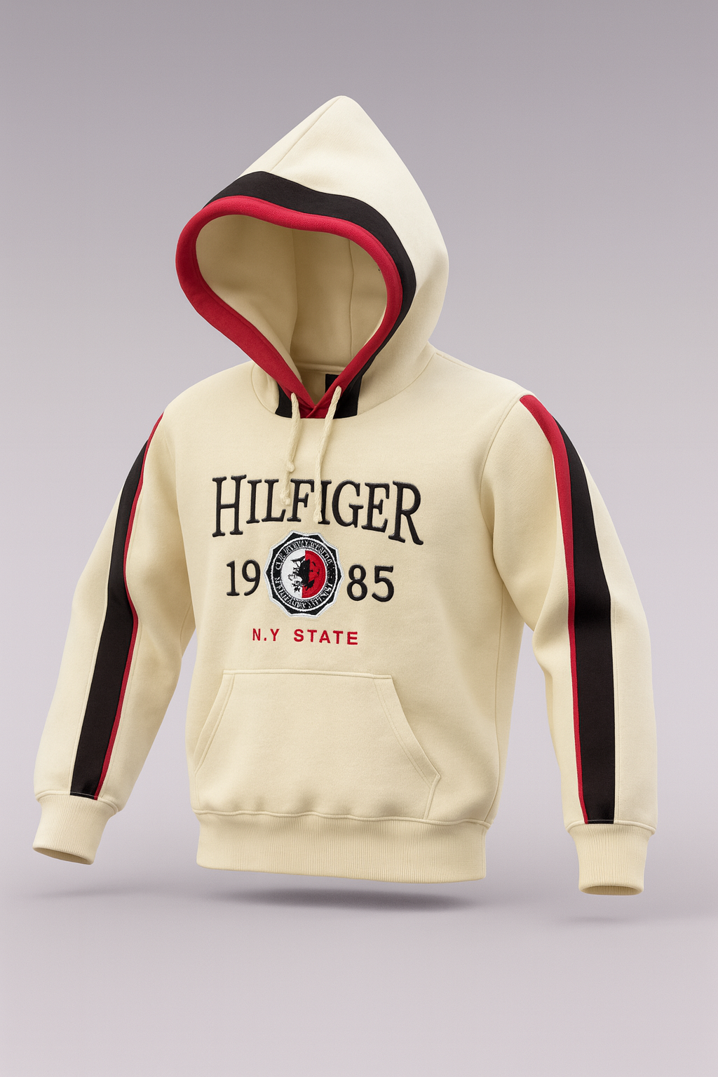 Vibrant Hilfiger 1985 hoodie with bold red and black stripe detailing for a sporty, stylish look.